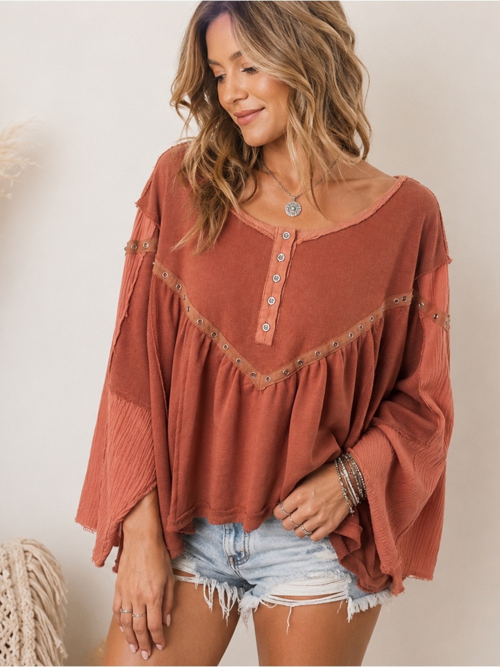 POL Rust Voile Peasant Blouse with Grommet Trim